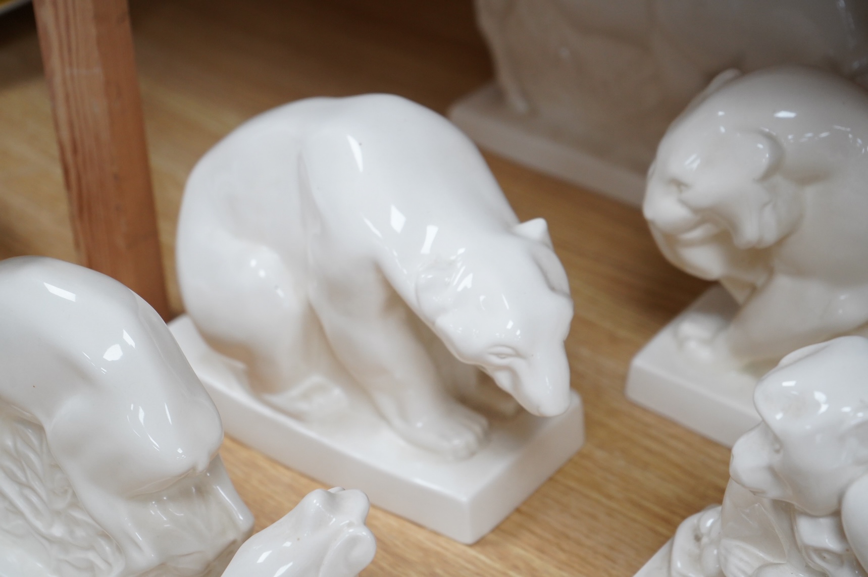 John Skeaping for Wedgwood, six animal figures comprising a Bison, Tiger, Polar Bear, deer, monkey and deer, largest 34cm wide